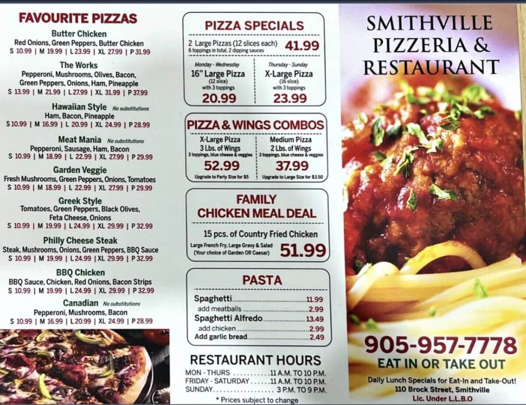 Smithville Pizzeria Menu Canada